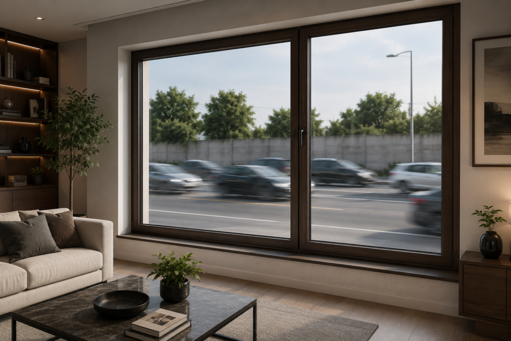 Ventana alemana de PVC color nogal con aislamiento acústico en residencia contemporánea.