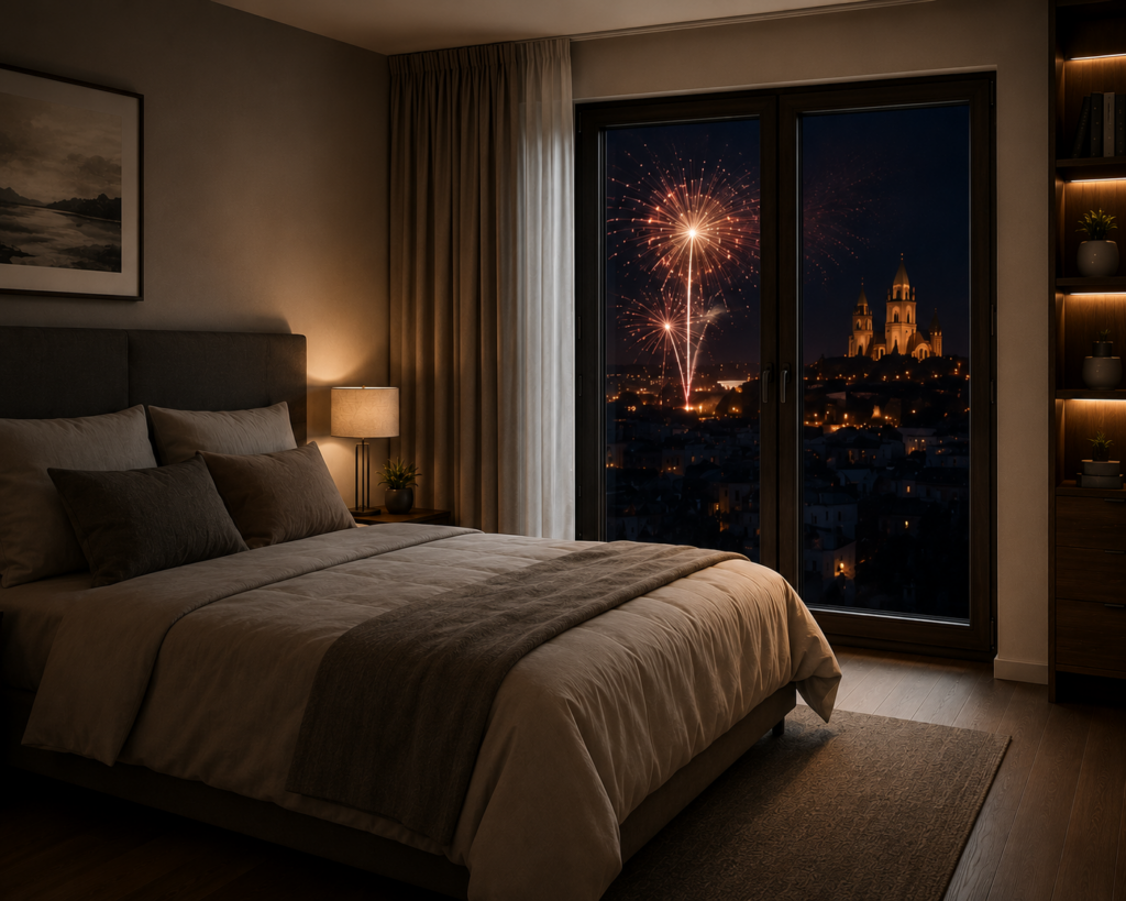 Dormitorio contemporáneo con ventana alemana de PVC WINDARQ que aísla el ruido exterior durante una noche con fuegos artificiales, proporcionando confort acústico y aislamiento térmico.