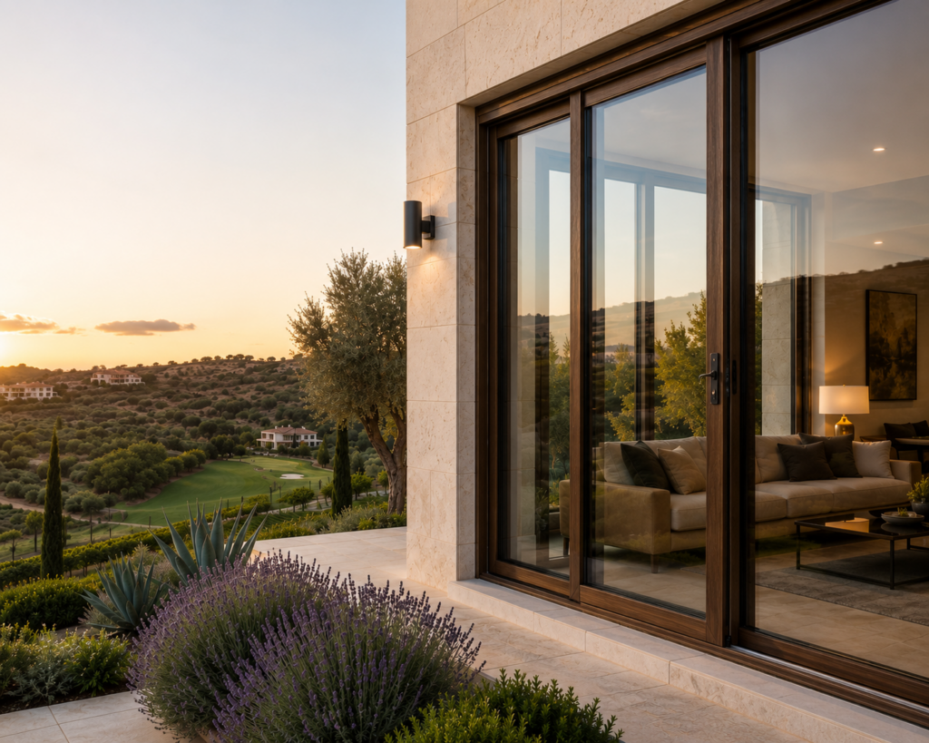 Residencia contemporánea de alta gama con ventanas alemanas de PVC color nogal de WINDARQ, integrada a un paisaje del Bajío con olivos, jardines xerófitos y un campo de golf, que ofrece seguridad, aislamiento térmico y confort.