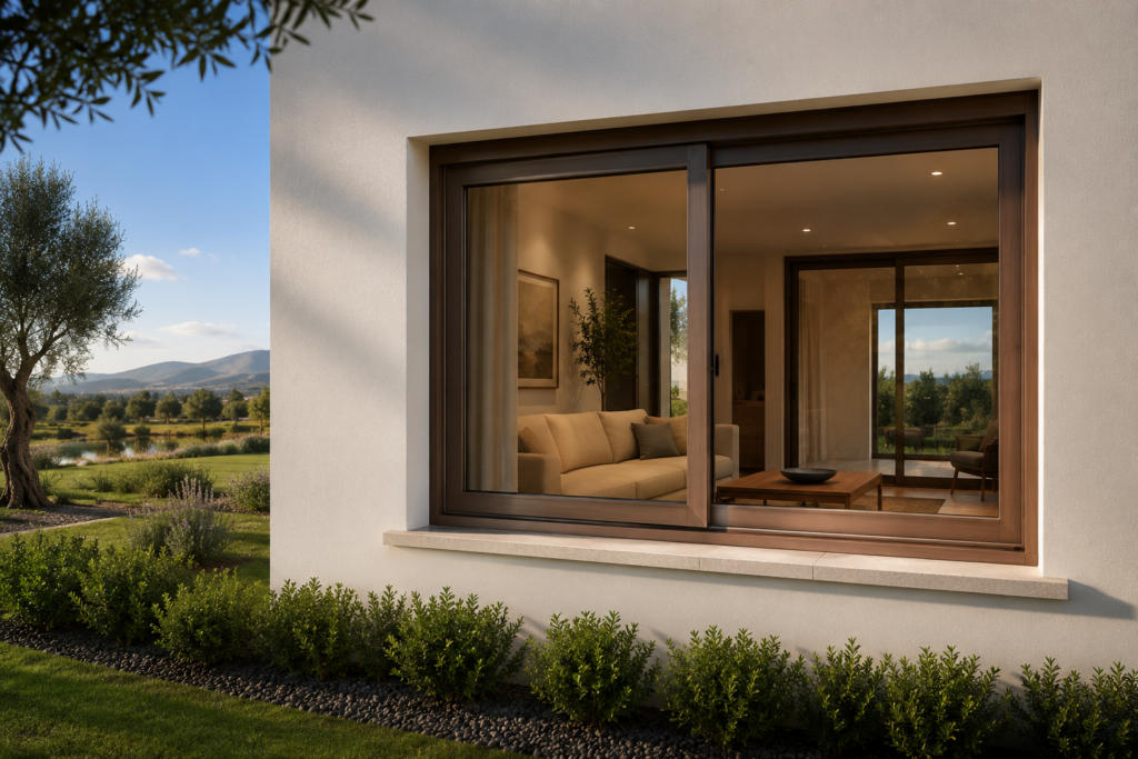 Ventana corrediza de PVC color nogal con doble acristalamiento instalada en una residencia contemporánea de alta gama. El interior transmite confort y tranquilidad, mientras al exterior se aprecia un paisaje característico del Bajío con olivos y áreas verdes.