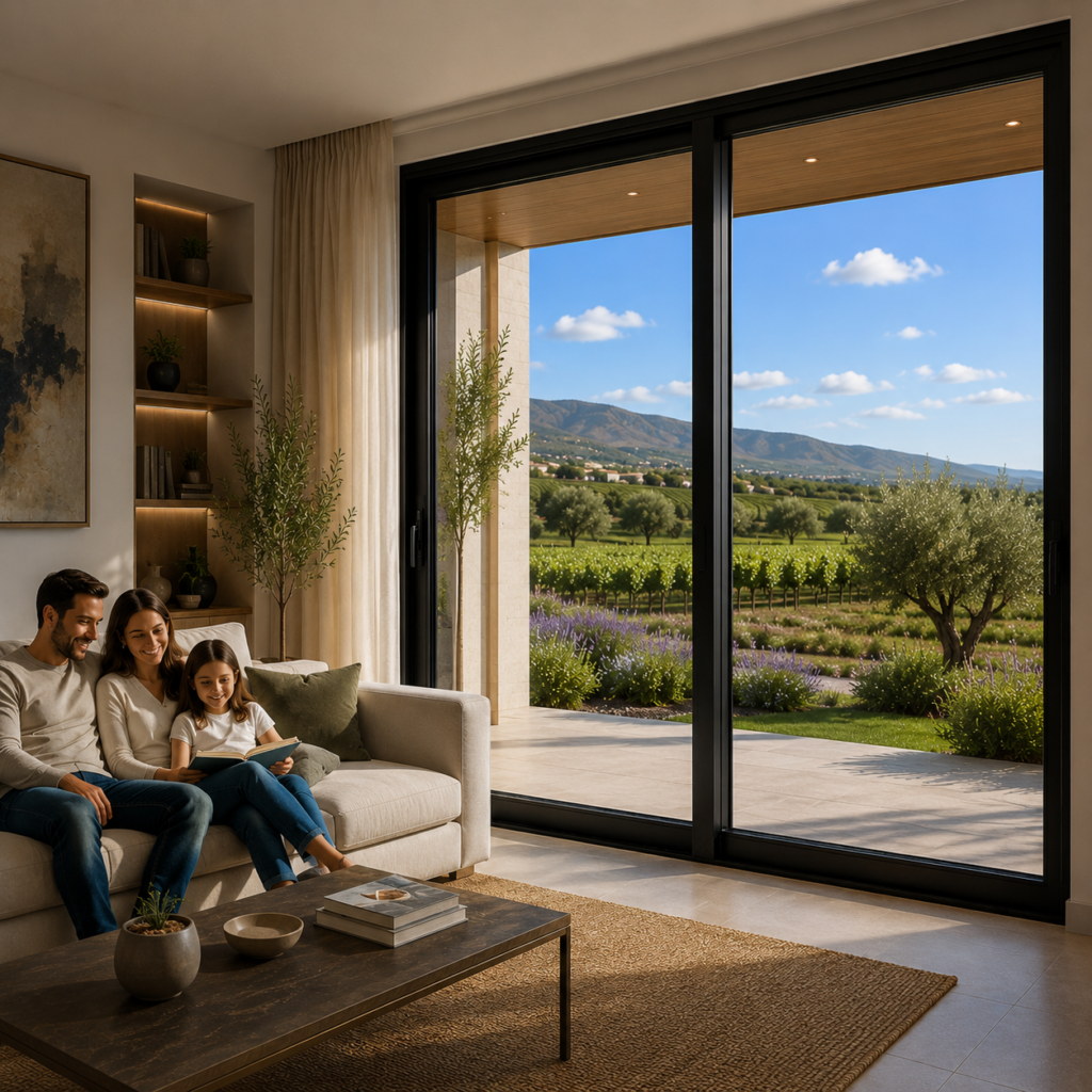 Cancel corredizo de PVC color negro con doble acristalamiento en una residencia contemporánea de alta gama del Bajío. El interior ofrece un ambiente confortable y luminoso, mientras al exterior se observan viñedos, olivos y un paisaje característico de Querétaro y San Miguel de Allende.