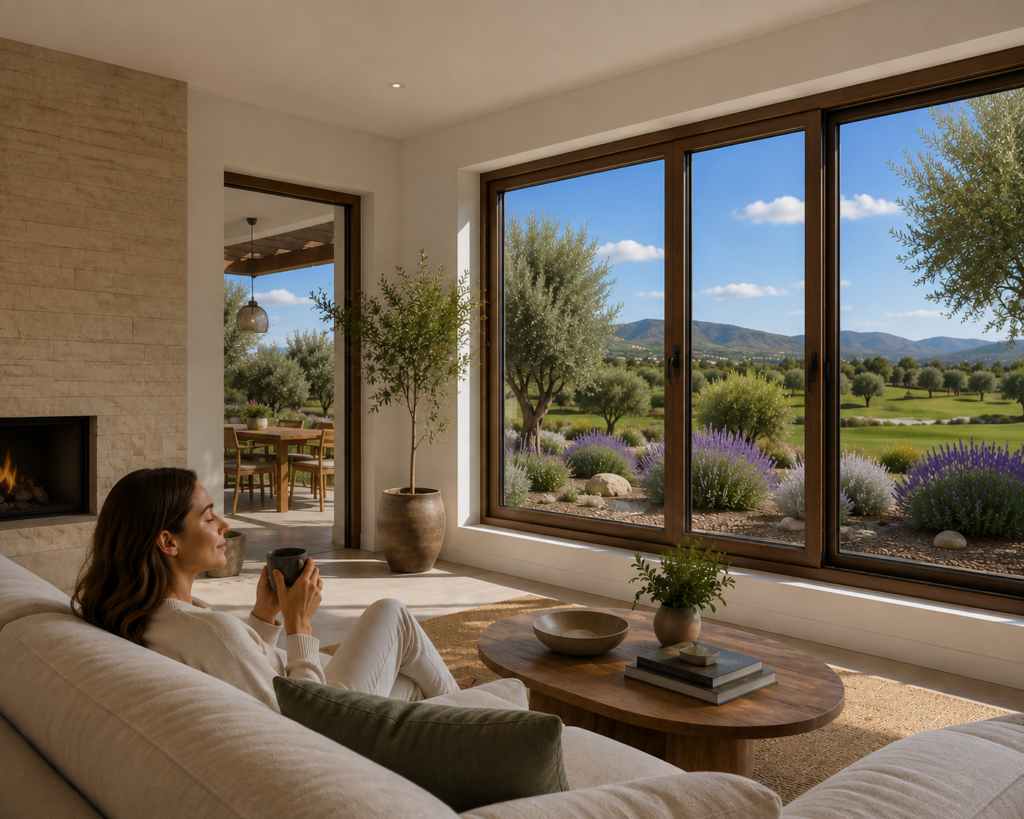 Ventana corrediza de PVC color nogal instalada en una residencia contemporánea de alta gama. El interior transmite tranquilidad y confort, mientras el exterior muestra un paisaje representativo del Bajío con olivos, áreas verdes y vegetación semidesértica.