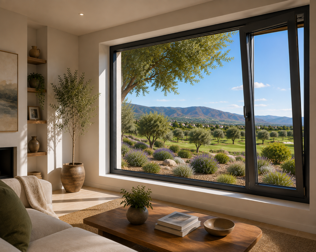 Ventana de PVC color negro de gran formato instalada en una residencia contemporánea de alta gama. La abundante entrada de luz natural ilumina el interior, mientras al exterior se aprecia un paisaje característico del Bajío con olivos, jardines y áreas verdes.