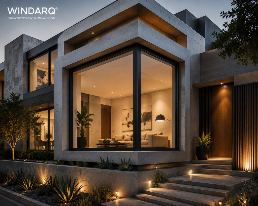 Ventana de PVC color nogal integrada al diseño arquitectónico de una residencia contemporánea, con amplias vistas hacia el paisaje del Bajío y abundante entrada de luz natural.