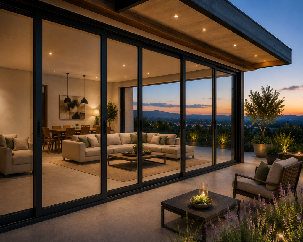 Cancel corredizo de PVC color negro con hojas móviles y fijas, integrado a una residencia contemporánea y abierto hacia una terraza con jardín y paisaje del Bajío al atardecer.