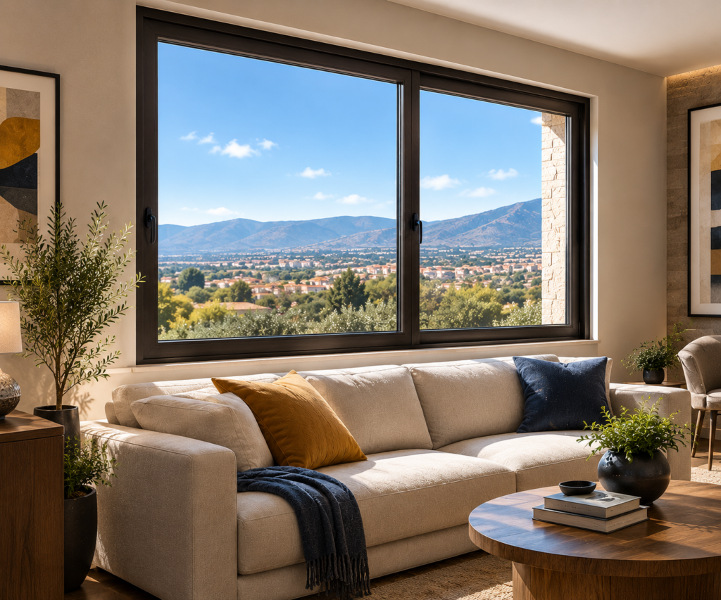 Ventana de PVC color negro en una sala residencial contemporánea, con abundante luz natural y paisaje exterior, representando el confort térmico del hogar.