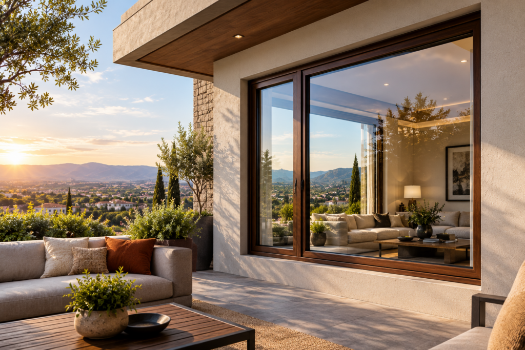 Ventanas de PVC a medida en una vivienda contemporánea con terraza y vista panorámica