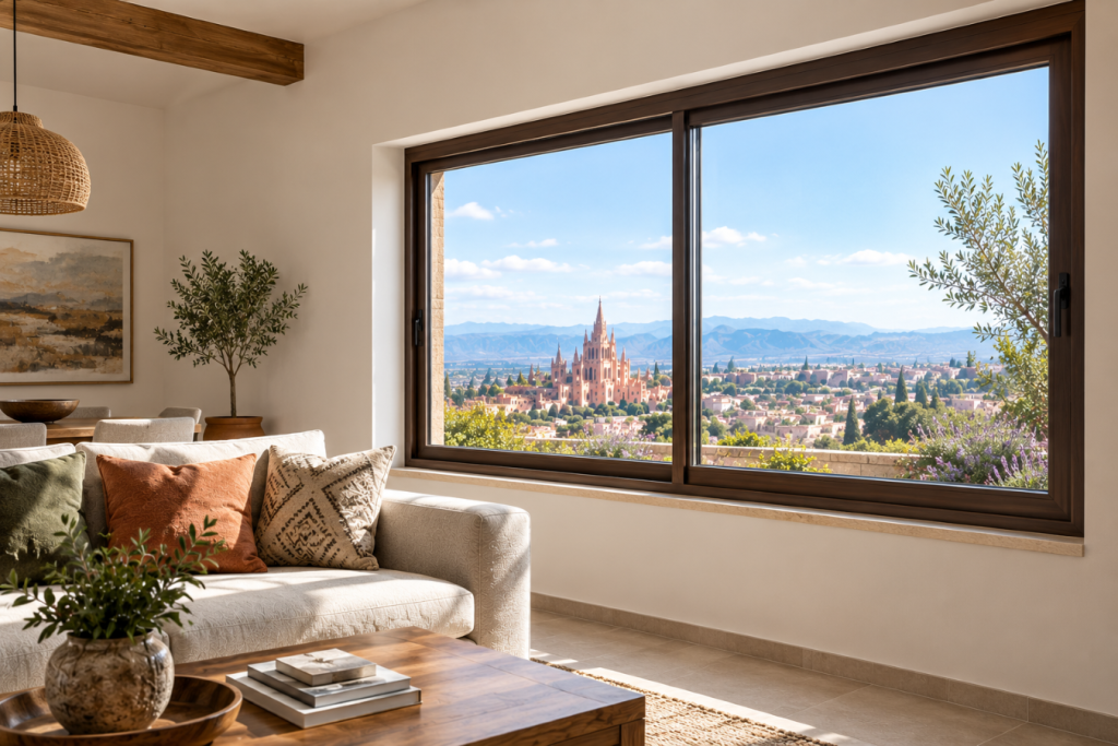 Ventana corrediza de PVC de dos hojas en una vivienda contemporánea, con perfiles oscuros y vistas al paisaje exterior.
