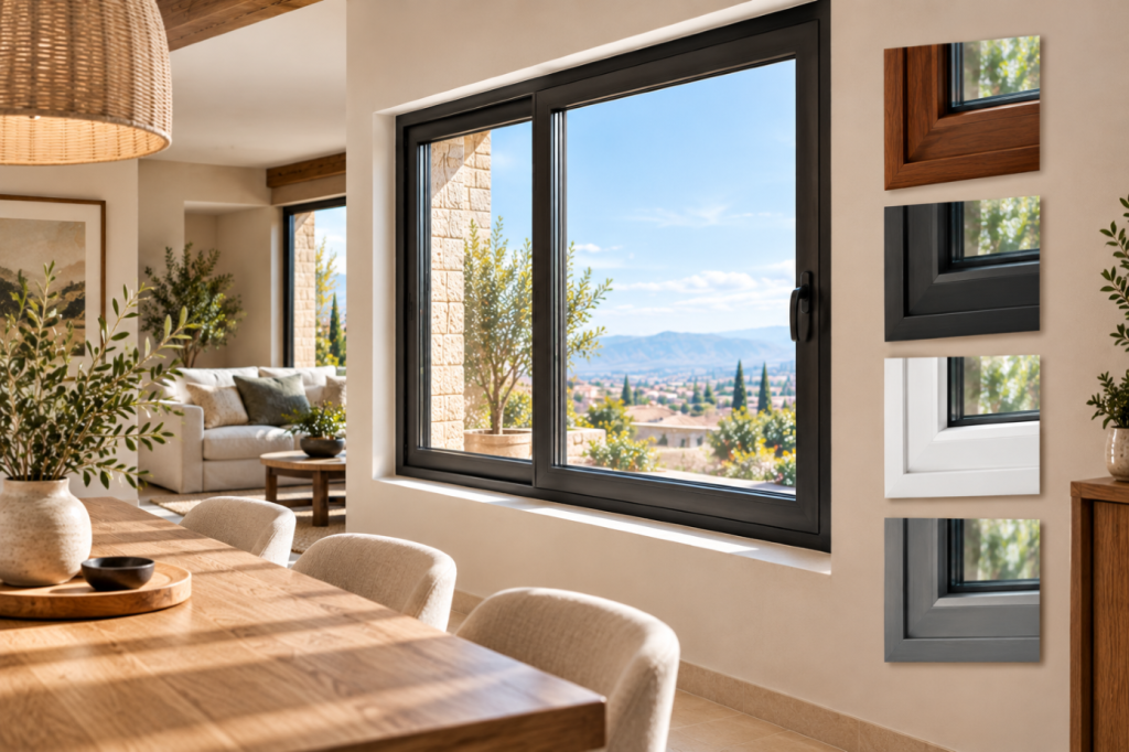 Ventana corrediza de PVC color negro en una estancia contemporánea con comedor de madera y muestras de perfiles en nogal, negro, blanco y gris.